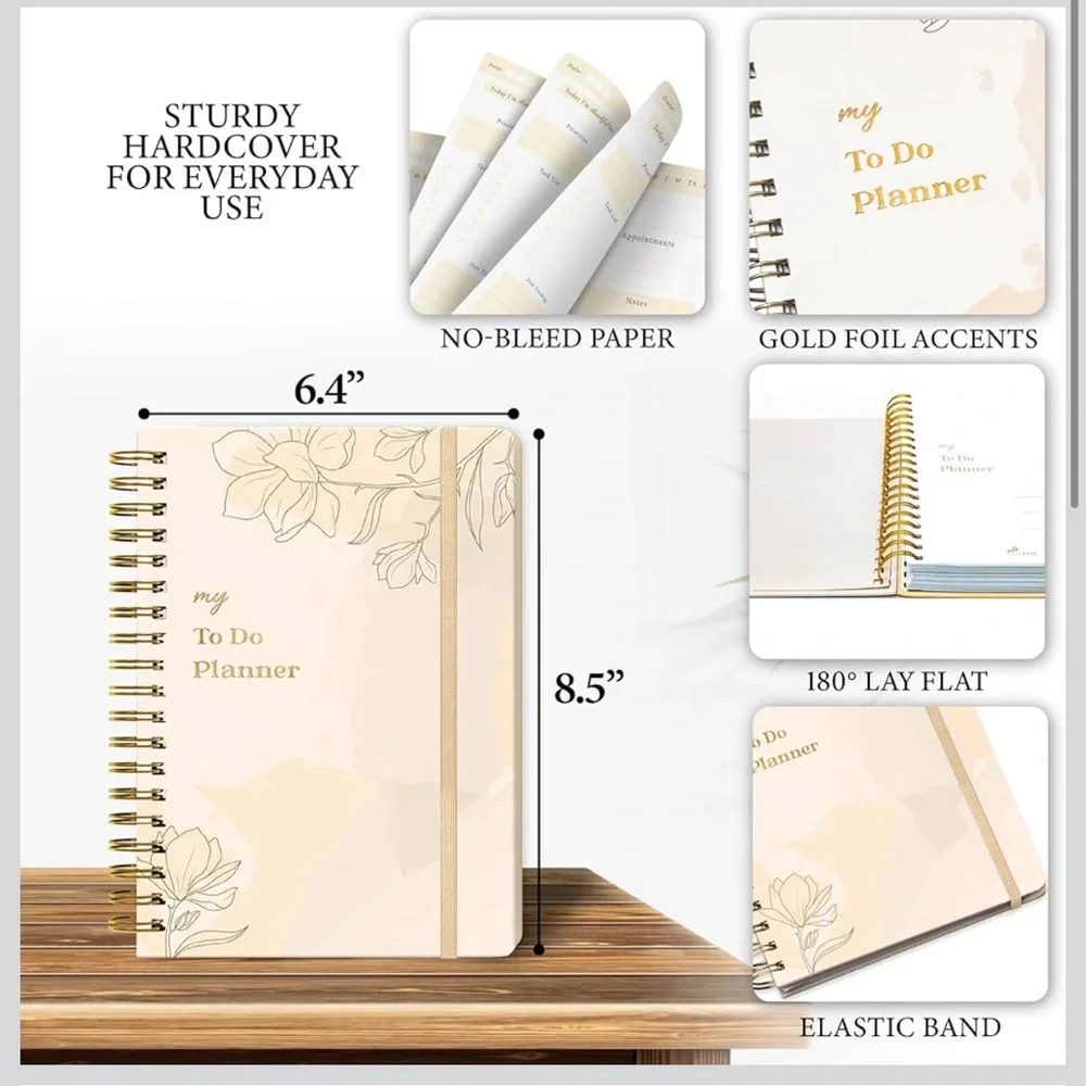 Undated Floral Spiral To Do Planner in Cream and Gold